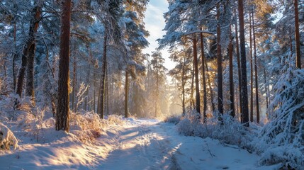 Obraz premium Snow-covered forest path illuminated by golden morning sunlight streaming through tall pine trees