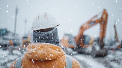 Construction worker in safety hard hat and winter jacket standing in heavy snowfall at a cold industrial site