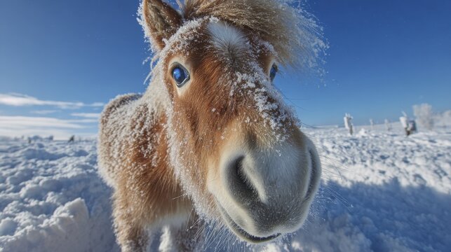 Curious horse with brown fur and ice particles on its coat looks into the camera during winter - Powered by Adobe