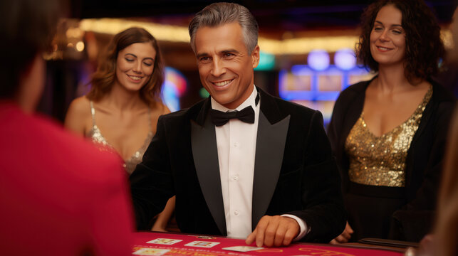 Happy card dealer in tuxedo playing at casino table with elegant women enjoying glamorous night of gambling.