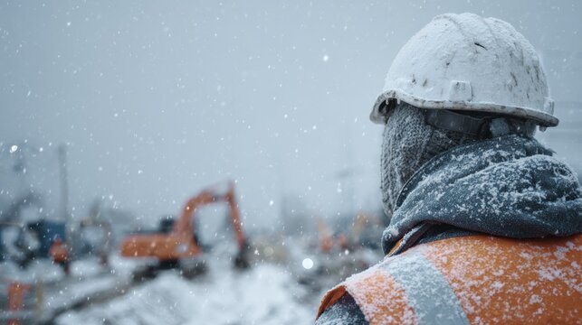Snow covered construction worker in high visibility safety vest looking at job site during winter snowfall
