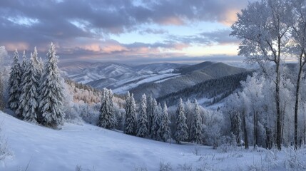 Snowy mountain range vista with frosted evergreen trees under dramatic cloudy sky at sunrise or sunset