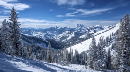 Expansive Winter Mountain Landscape with Snow Covered Evergreen Trees and Clear Blue Sky