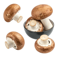 Four brown cremini mushrooms, some in a dark bowl, on a black background