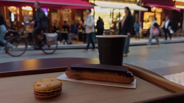 Enjoy a selection of delightful pastries and a comforting cup of coffee on this bustling busy street