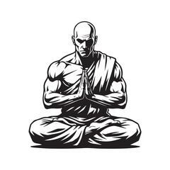 Stylized Silhouette of a Muscular Monk Meditating in Lotus Pose with Prayer Hands
