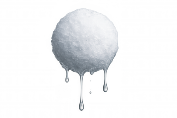 Snowball melting, water dripping from ice ball, climate change and seasonal transition concept, transparent background