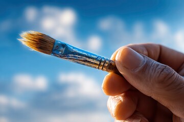 A hand holds a paint brush with the sky and clouds in the background
