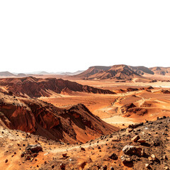 Naklejka premium Red desert landscape with rugged terrain, mountains, and a vast plain under a black sky