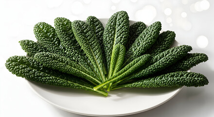 Vibrant Lacinato kale leaves fanned out beautifully on a white ceramic plate, healthy green superfood for gourmet meals