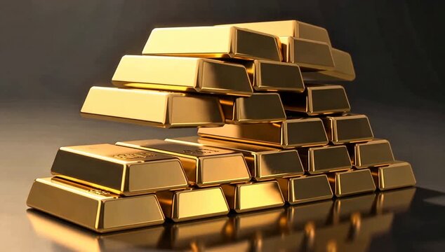 Gleaming gold bars stacked neatly in a pyramid formation, illustrating concepts of immense wealth, treasure, fortune, and secure financial assets