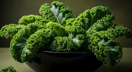 Fresh, vibrant curly green kale overflowing from a dark bowl against a subtly lit green background, nutritious greens