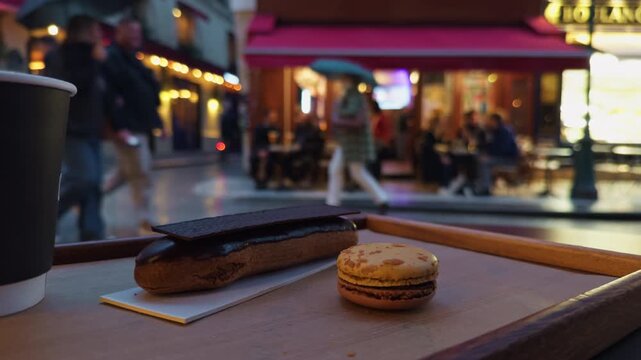 A Stunning and Elegantly Arranged Pastry Display at a Delightful and Charming Parisian Cafe with a Cozy Evening Ambiance