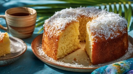 Homemade coconut cake on ceramic plate served with tea set, tropical dessert presentation highlighting sweetness, comfort, and the warm hospitality of traditional home baking