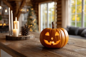 A lit jackolantern sits on a rustic wooden table with candles and a pinecone with a tree with lights in the background