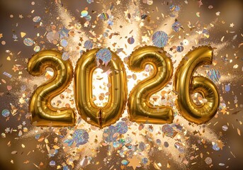 Golden Balloons Spelling 2026 with Confetti Explosion
