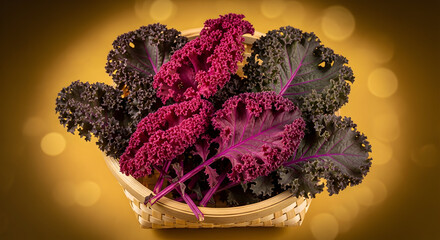 Colorful mix of fresh red kale and dark curly kale in a woven basket against a warm golden bokeh background, healthy