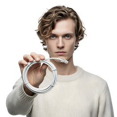 Handsome man holding ethernet cable network technology IT professional