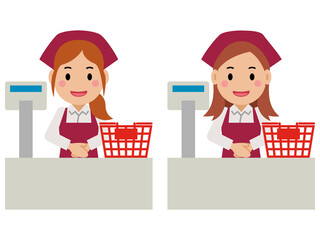 笑顔でレジに立つ真紅のエプロンと三角巾の女性。その3