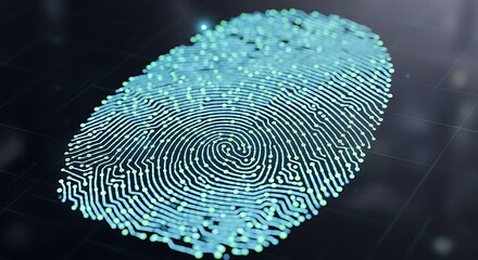 A digital fingerprint scan visualized as a glowing blue circuit board or network of connected data points on a dark background, representing biometric security and identity.