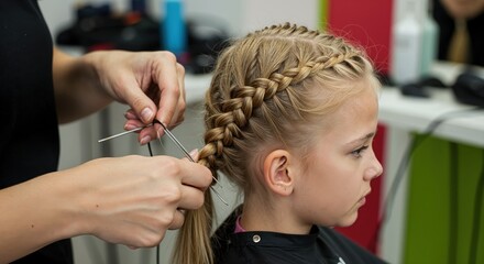Fototapeta premium Braided Hairstyle: A skilled stylist meticulously crafts an elegant braided hairstyle on a young girl's hair, transforming her look into a beautiful hairstyle