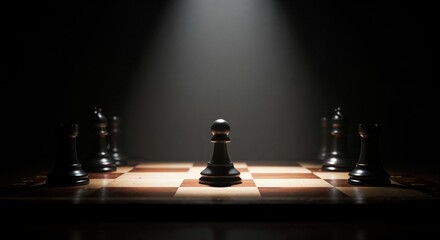 Chess Strategy: The spotlight focuses on a chess piece, strategically positioned on the chessboard, embodying strategy, planning, and the pursuit of victory.