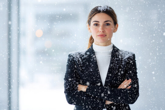 Christmas business double exposure concept with confident woman in black suit standing in snow with arms crossed winter background