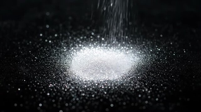 A shower of sparkling silver glitter slowly descends and accumulates on a pristine black surface, revealing individual specks party, texture, contrast