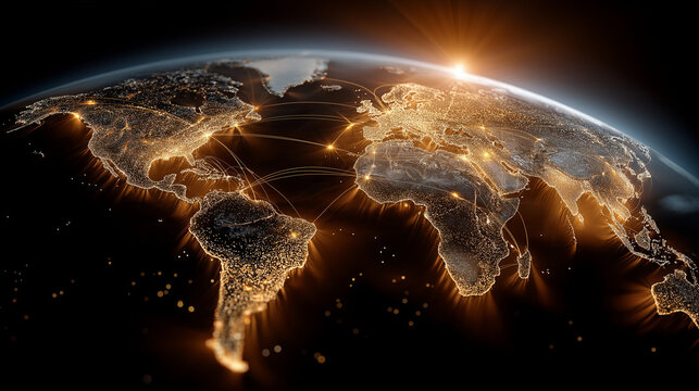 Global Connectivity at Dawn: A breathtaking view of Earth from space showcases a dazzling network of light. The interconnectedness of human civilization shines brightly against the dawn.