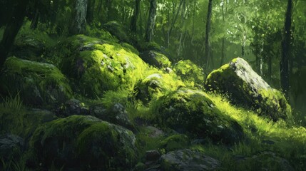 Moss-covered rocks in a spring forest, vibrant green, damp with morning dew, hyper-detailed texture