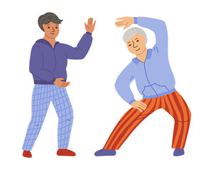 Elderly couple doing yoga. Health exercise adult senor and senora hobbies. Elderly characters old men and women fitness, relaxation gymnastics gym, stretching, Pilates vector design illustration
