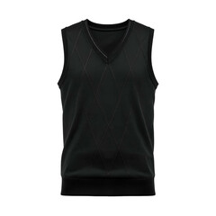 Black sleeveless sweater with a V-neck and diamond pattern on a dark background