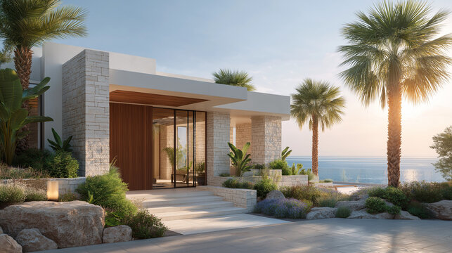 Luxury Villa by the Sea: A breathtaking modern villa stands as a paragon of luxury, with a grand entrance, surrounded by lush landscaping and swaying palm trees.