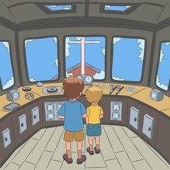 The interior of an abandoned ship s wheelhouse with two children. © pillerss