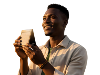 Solar Panel Technology Innovation Happy African American Man Holding Device