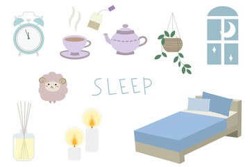 安眠を誘うナイトタイムのアイテムのイラスト素材セット