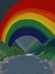 Watercolor artwork rainbow arcs over green hills, river flowing towards viewer