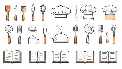 Culinary toolkit: A delightful collection of cooking utensils, chef hats, and open recipe books