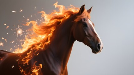 Majestic fire horse with flowing flame mane and sparks