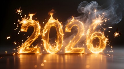 Fiery glowing number 2026 with golden sparks and smoke