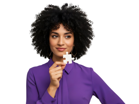 Woman Holding Puzzle Piece Brainstorming Ideas Problem Solving Strategy Concept