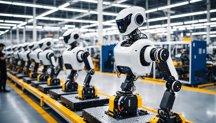 a detailed view of a sophisticated humanoid robot on a factory assembly line showcasing intricate wiring and advanced engineering components.
