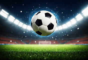 Naklejka premium a soccer ball with a glowing aura hovers above a green grass pitch in a packed stadium at night under bright floodlights for a championship match.