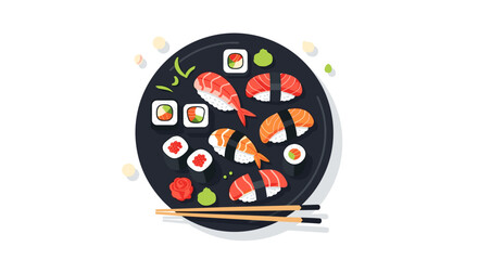 A platter of assorted sushi rolls and nigiri with chopsticks on white