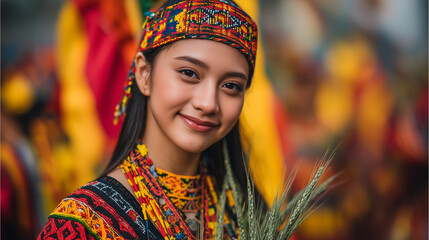 Smiling Filipino Woman Wearing Traditional Tribal Attire During P’yagsawitan Festival In The Philippines, Showcasing Indigenous Pride, Cultural Dance, And Colorful Heritage Celebration