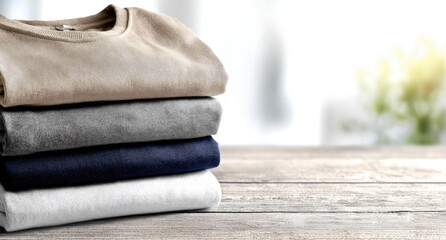 A stack of neatly folded, solid-colored sweaters on a wooden surface