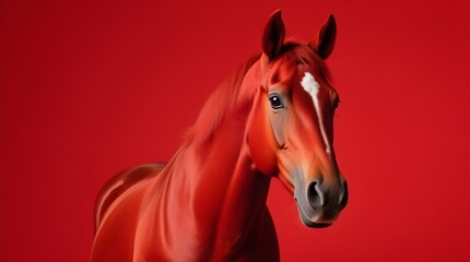 Portrait of a beautiful red horse on a red background