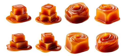 Colorful Caramel Candy Squares and Swirls in Various Arrangements, Isolated on Transparent, white background