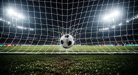 Soccer Ball in Goal at Night Stadium with Bright Lights and Green Field