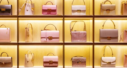 Display of handbags in various colors and styles on shelves with backlighting
